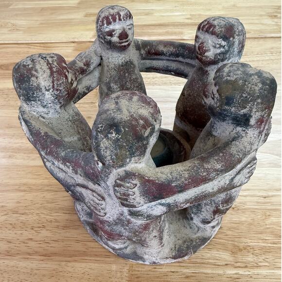 Vintage Large Aztec Mayan Circle of Friends 5 People Candle Holder Clay Pottery - Picture 2 of 3